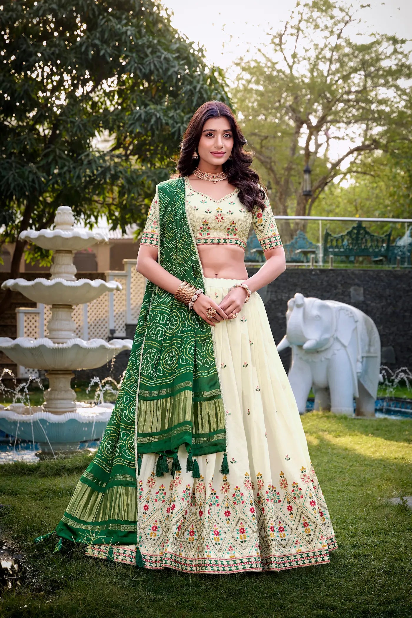 Off White Khadi Cotton Lehenga Choli With Green Gaji Silk Dupatta