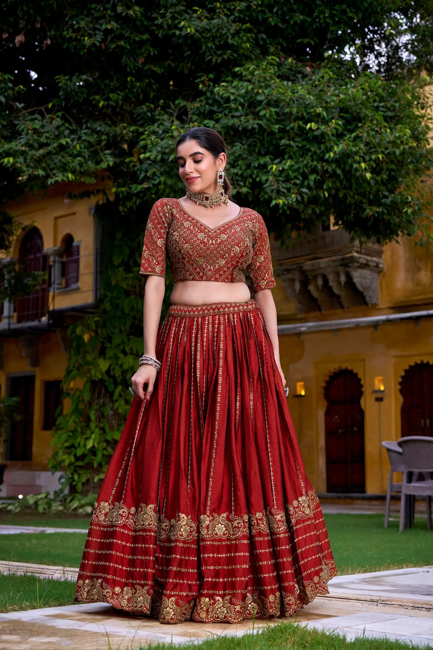 Rust Orange Rangoli Crush Embroidery Work Lehenga Choli