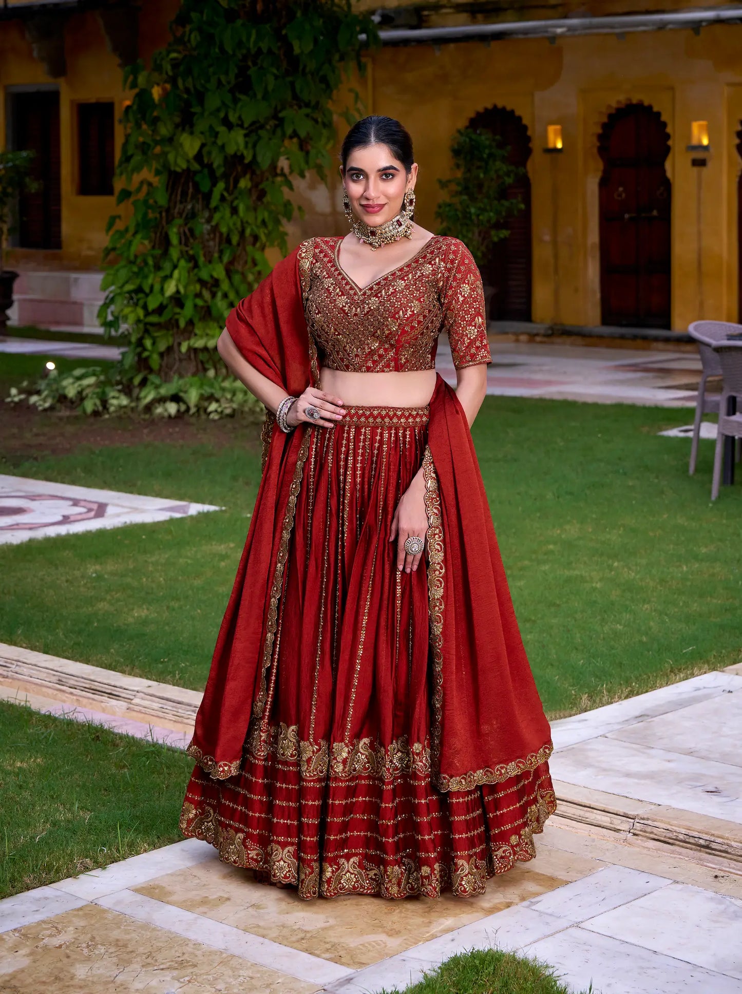 Rust Orange Rangoli Crush Embroidery Work Lehenga Choli