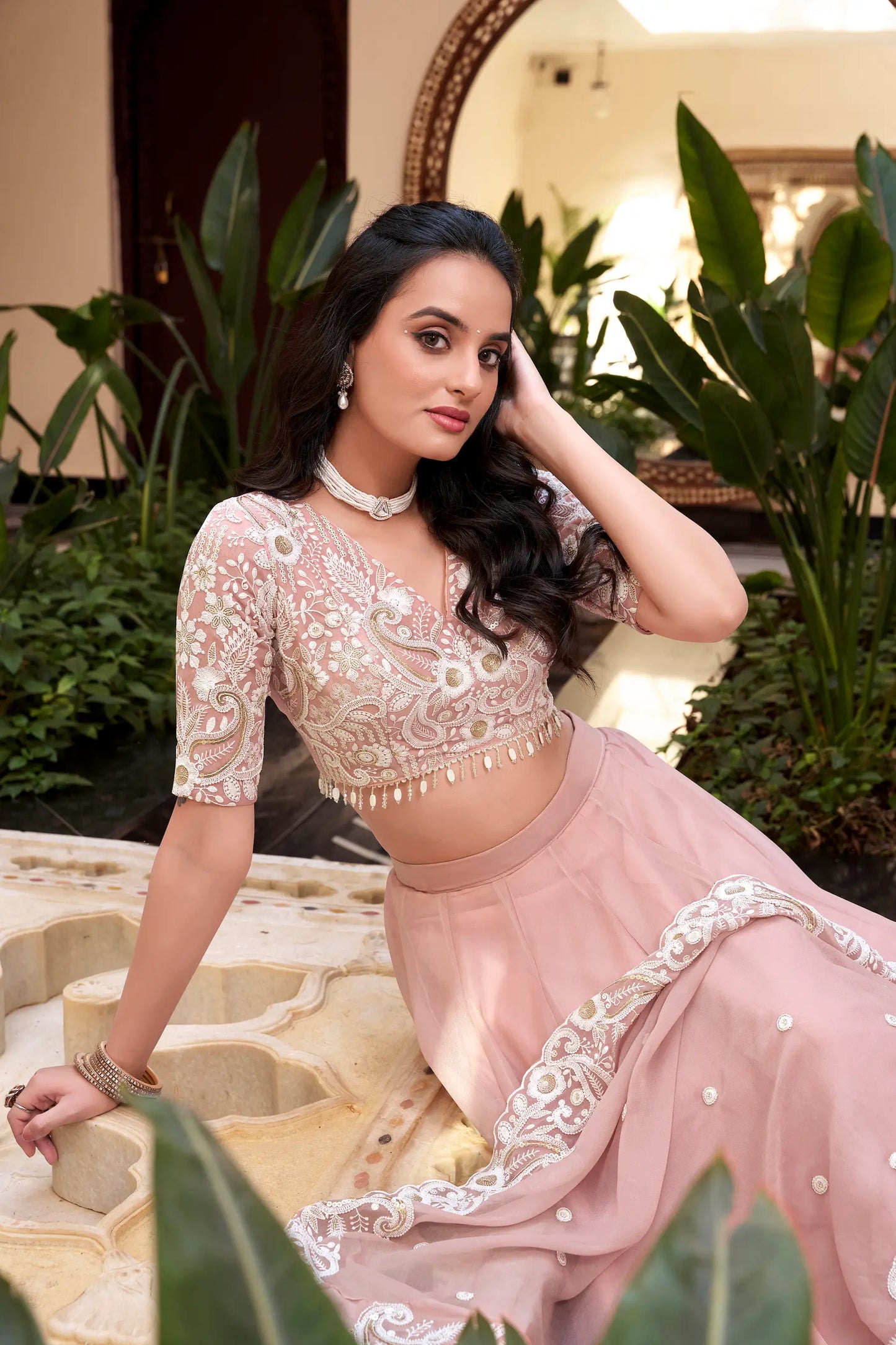 Pastel Pink Weone Silk Pearl Coding, Sequins & Thread Embroidery Work  Lehenga Choli