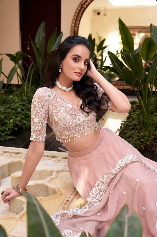 Pastel Pink Weone Silk Pearl Coding, Sequins & Thread Embroidery Work  Lehenga Choli
