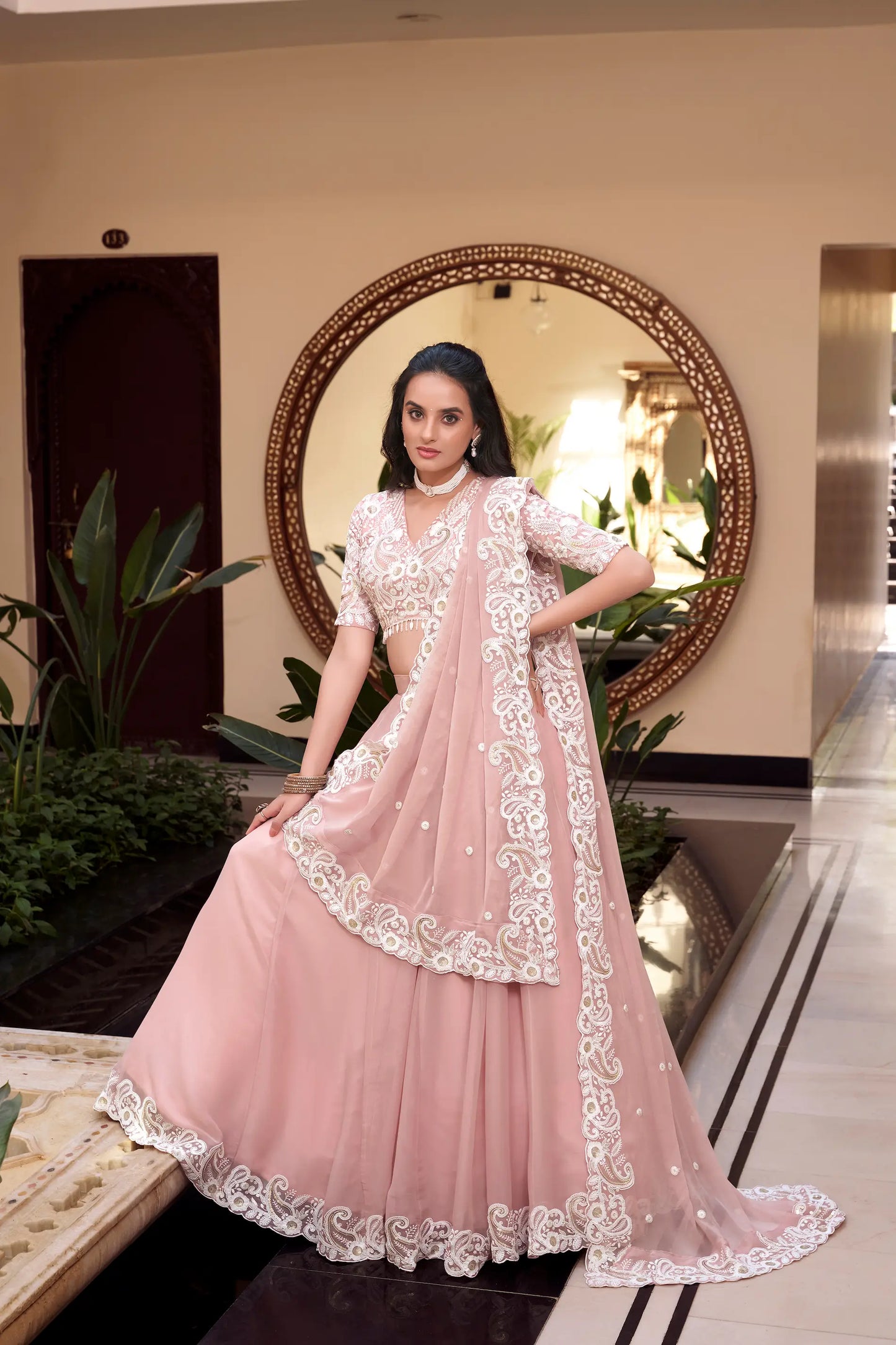 Pastel Pink Weone Silk Pearl Coding, Sequins & Thread Embroidery Work  Lehenga Choli