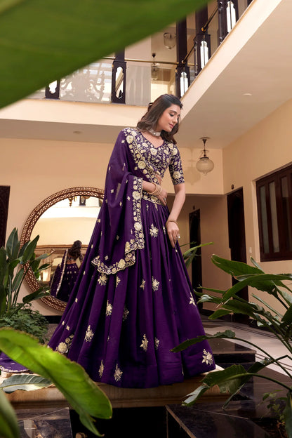Purple Vichitra Silk Pearl Coding, Sequins & Thread Embroidery Work  Lehenga Choli