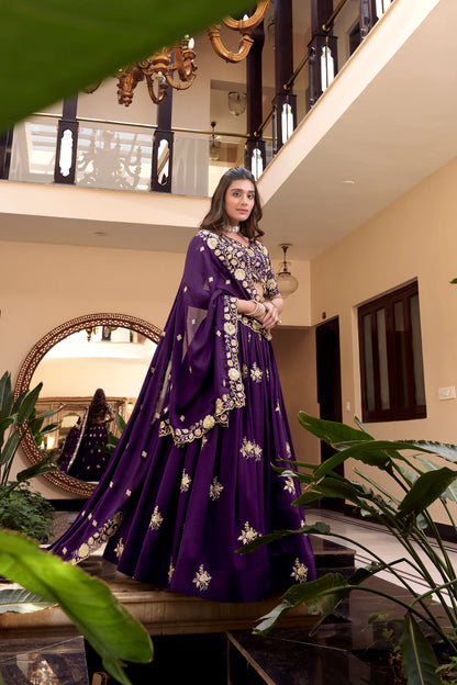 Purple Vichitra Silk Pearl Coding, Sequins & Thread Embroidery Work  Lehenga Choli