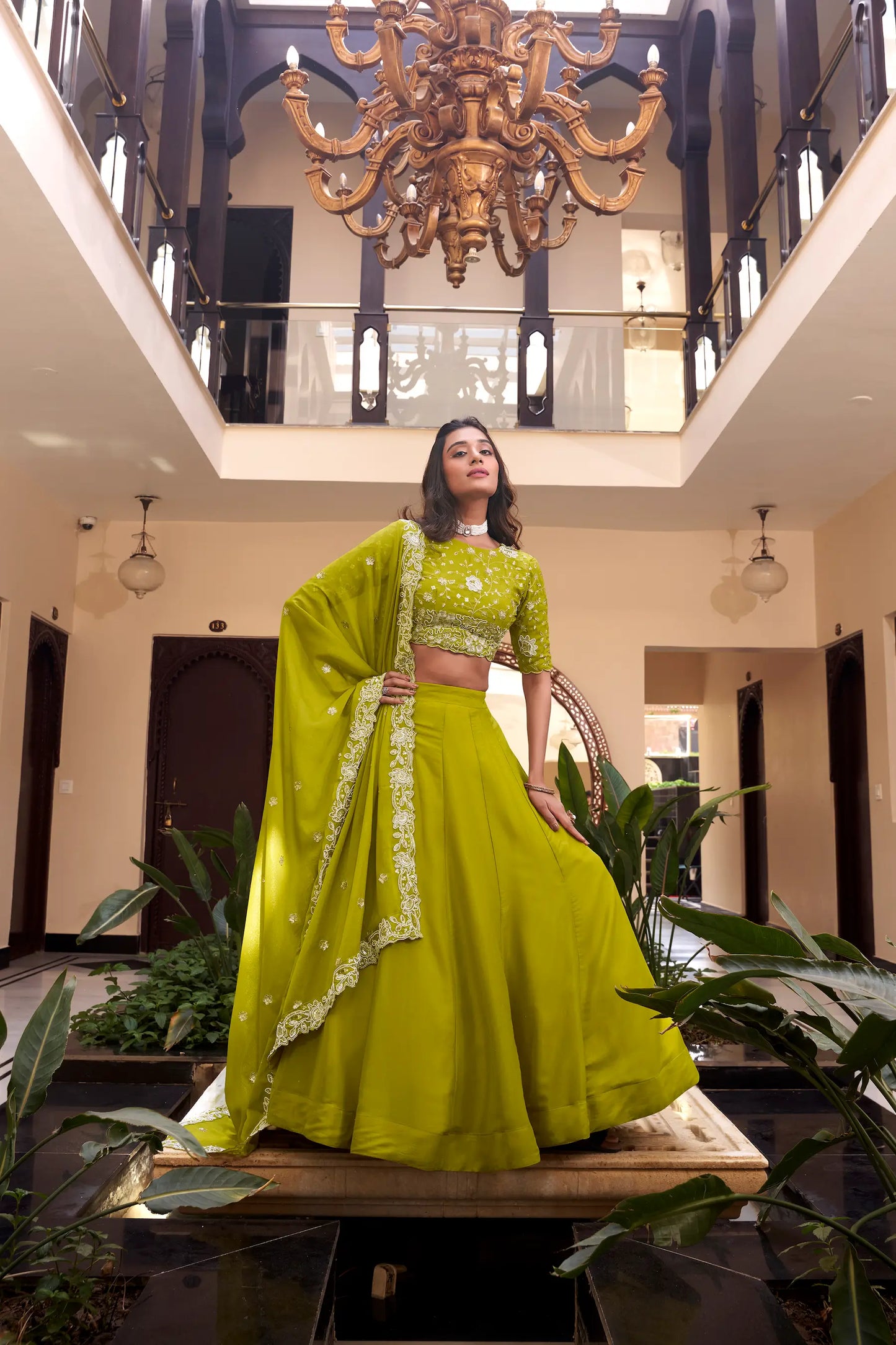 Parrot Green Georgette Pearl Coding, Sequins & Thread Embroidery Work  Lehenga Choli