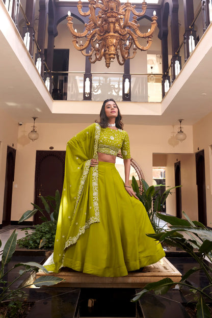 Parrot Green Georgette Pearl Coding, Sequins & Thread Embroidery Work  Lehenga Choli