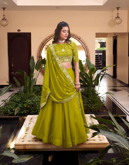 Parrot Green Georgette Pearl Coding, Sequins & Thread Embroidery Work  Lehenga Choli