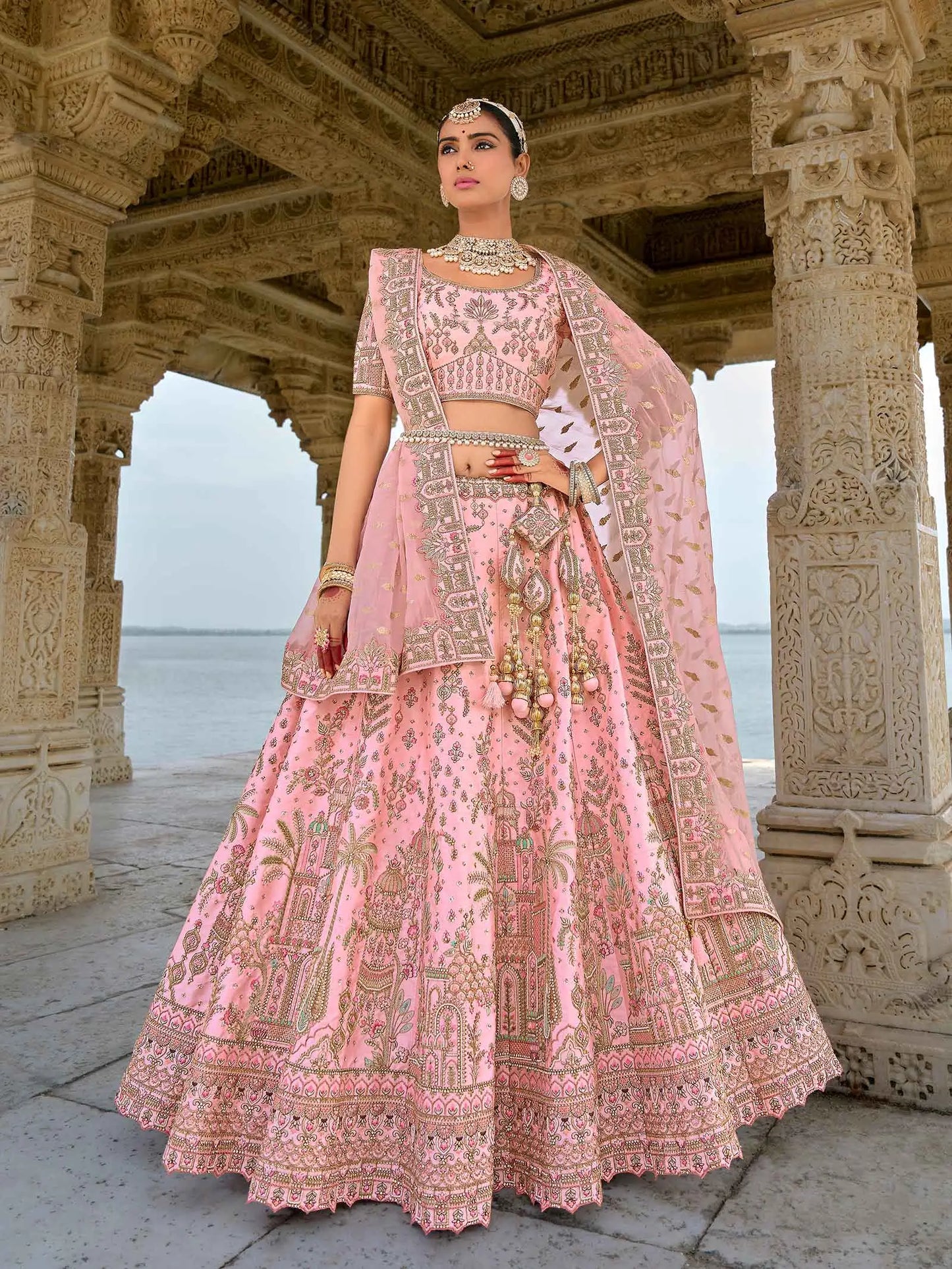 Tea Rose Designer Bridal Lehenga With Heavy Embroidery & 2 Dupatta