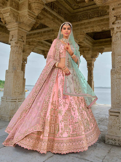 Tea Rose Designer Bridal Lehenga With Heavy Embroidery & 2 Dupatta