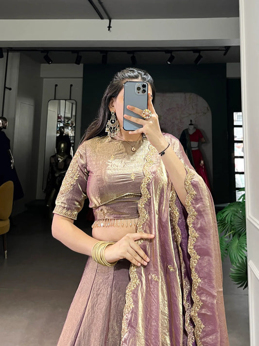 Lavender Fendi Silk Sequins Embroidery Lehenga Choli