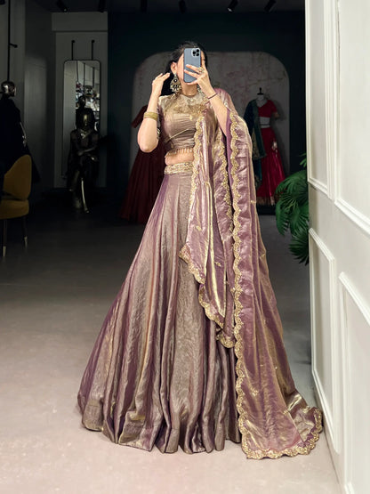 Lavender Fendi Silk Sequins Embroidery Lehenga Choli