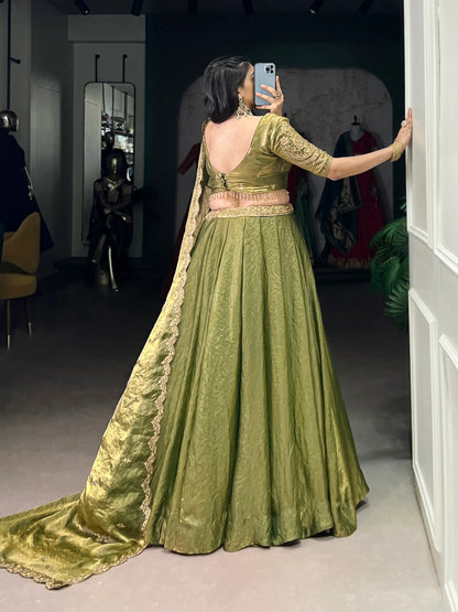Olive Green Fendi Silk Sequins Embroidery Lehenga Choli