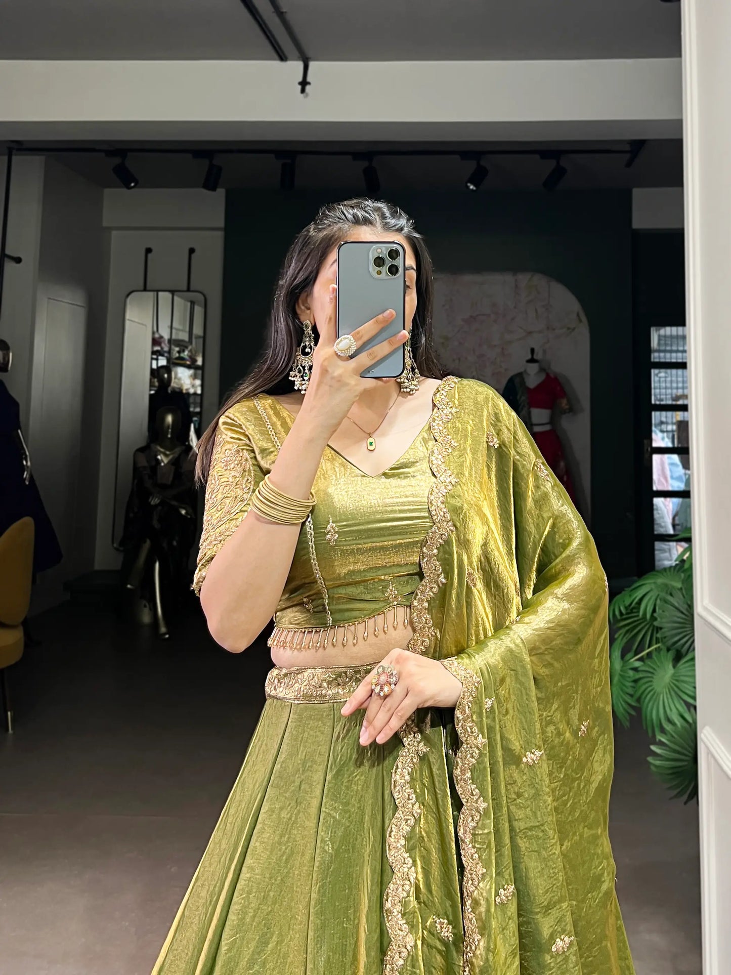 Olive Green Fendi Silk Sequins Embroidery Lehenga Choli