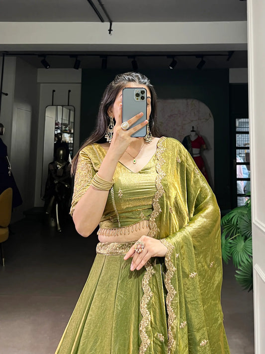 Olive Green Fendi Silk Sequins Embroidery Lehenga Choli