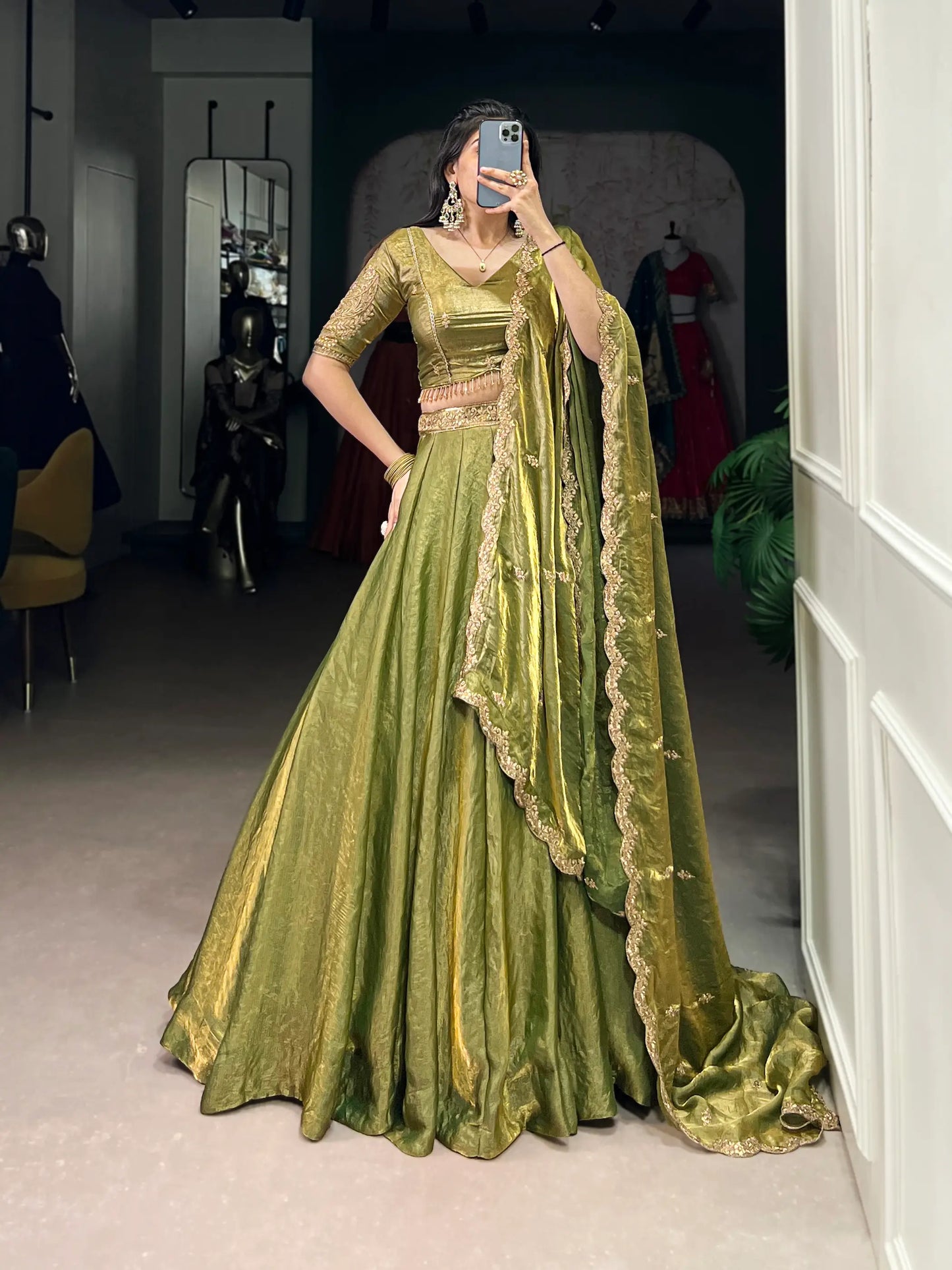 Olive Green Fendi Silk Sequins Embroidery Lehenga Choli
