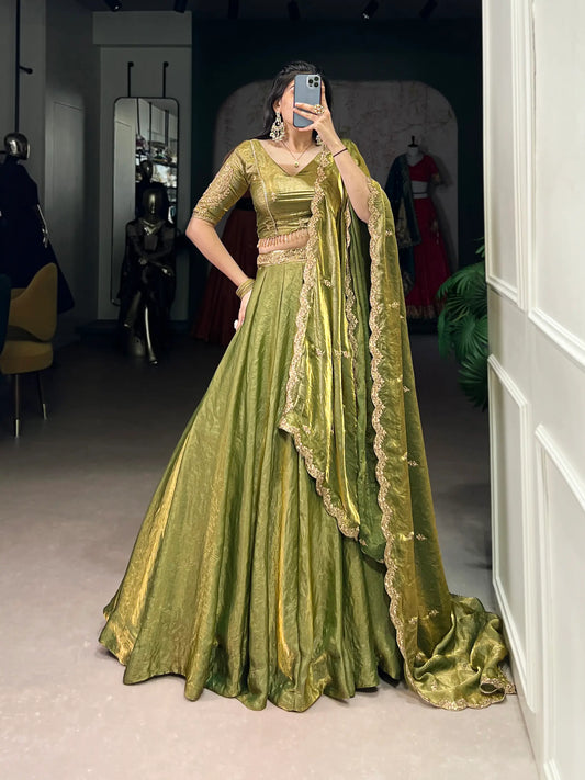 Olive Green Fendi Silk Sequins Embroidery Lehenga Choli