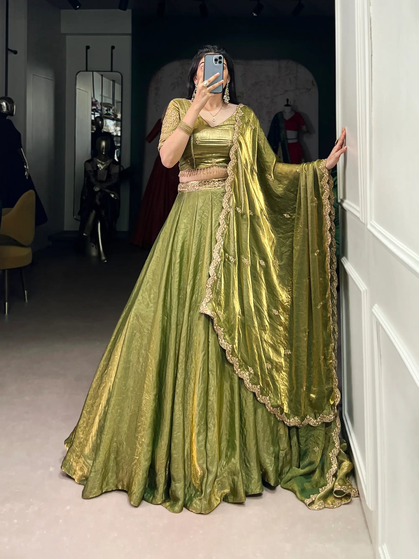 Olive Green Fendi Silk Sequins Embroidery Lehenga Choli