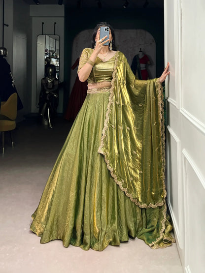 Olive Green Fendi Silk Sequins Embroidery Lehenga Choli