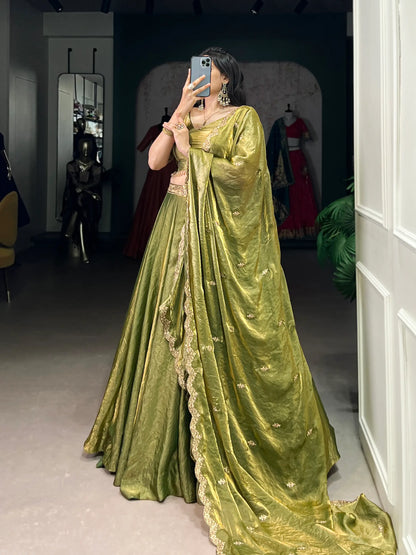 Olive Green Fendi Silk Sequins Embroidery Lehenga Choli