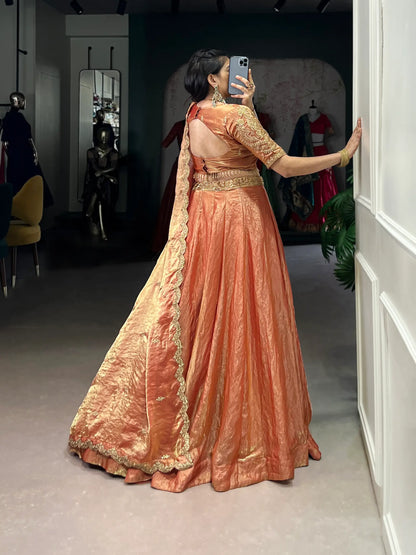Rust Orange Fendi Silk Sequins Embroidery Lehenga Choli