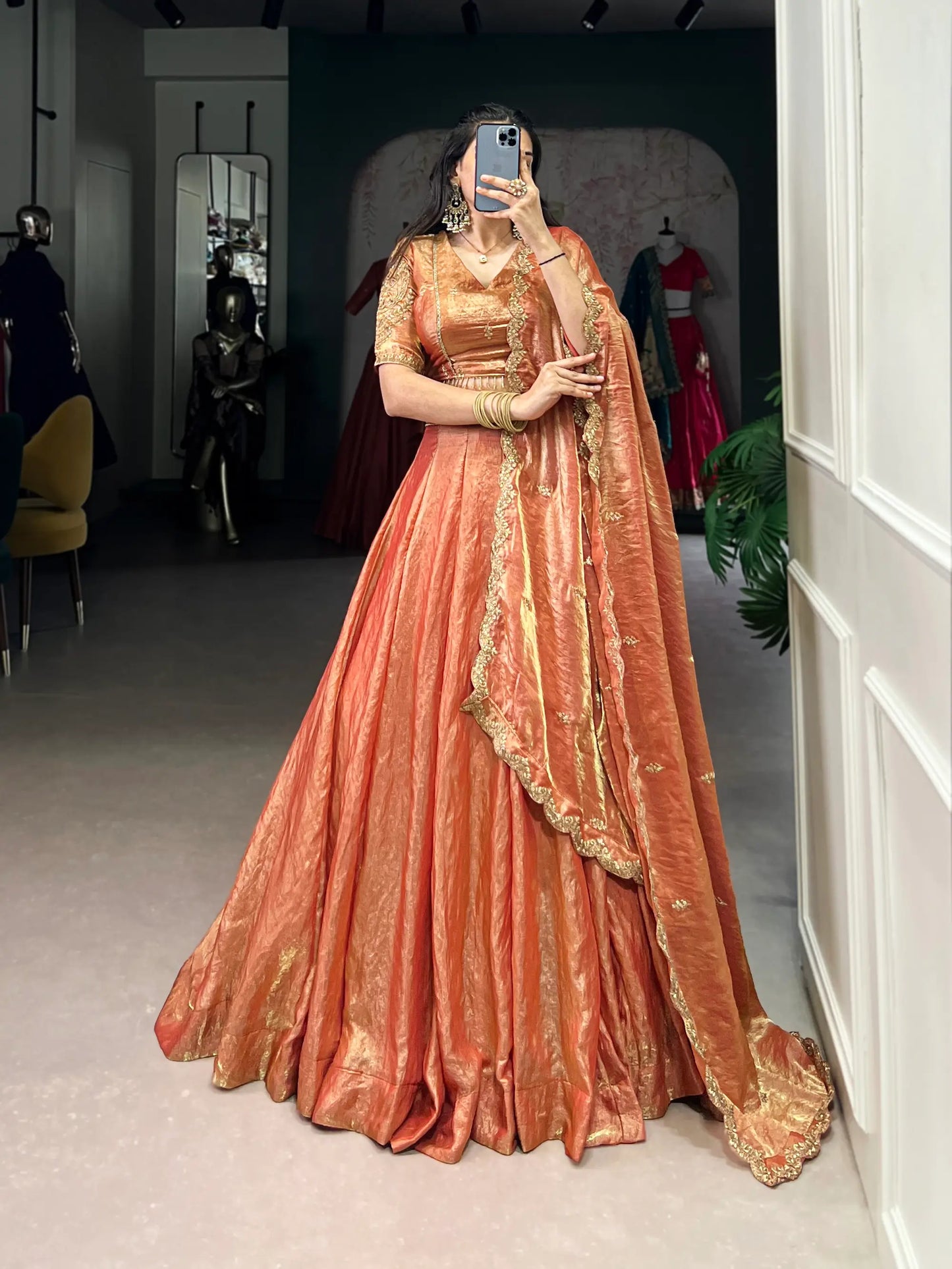 Rust Orange Fendi Silk Sequins Embroidery Lehenga Choli