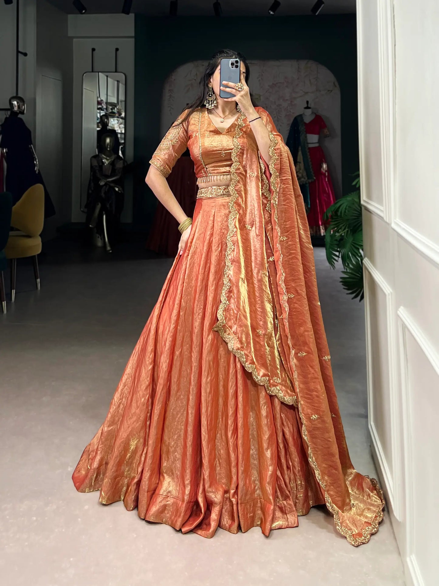 Rust Orange Fendi Silk Sequins Embroidery Lehenga Choli