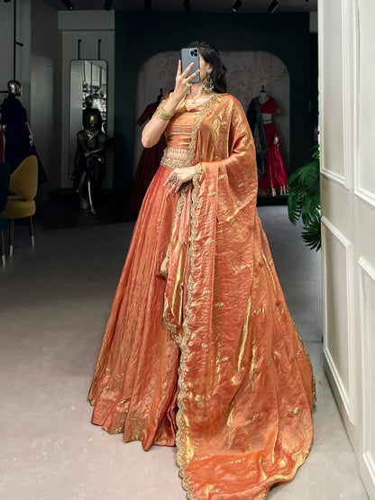 Rust Orange Fendi Silk Sequins Embroidery Lehenga Choli