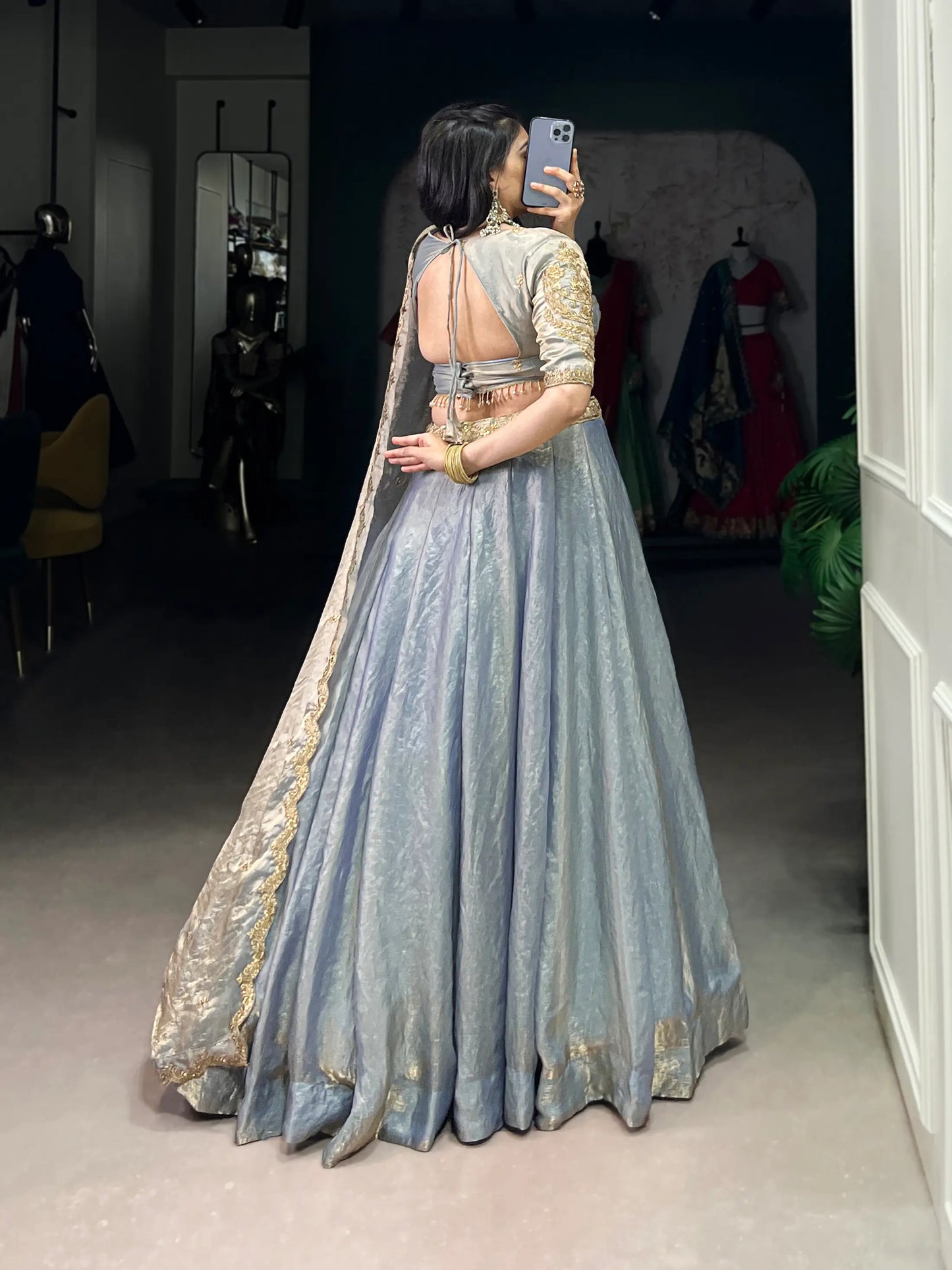 Sea Blue Fendi Silk Sequins Embroidery Lehenga Choli