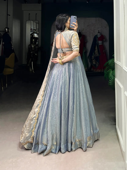 Sea Blue Fendi Silk Sequins Embroidery Lehenga Choli