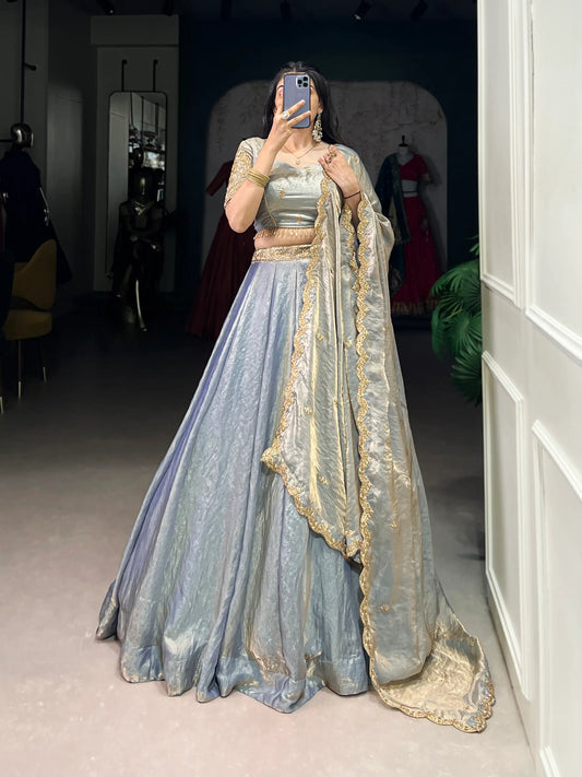 Sea Blue Fendi Silk Sequins Embroidery Lehenga Choli