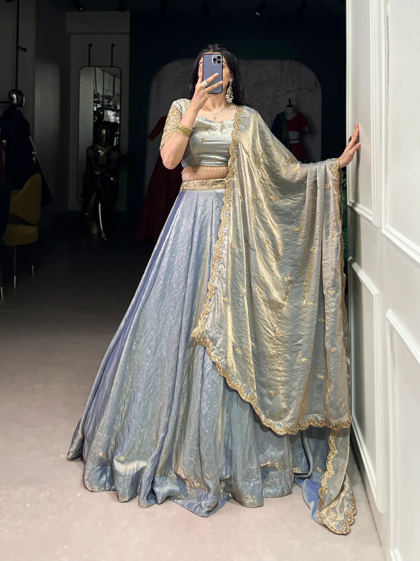 Sea Blue Fendi Silk Sequins Embroidery Lehenga Choli