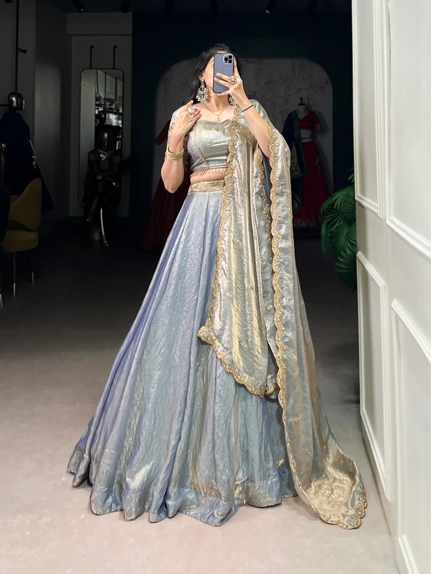 Sea Blue Fendi Silk Sequins Embroidery Lehenga Choli