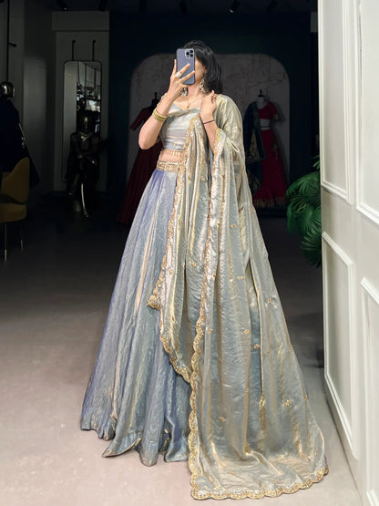 Sea Blue Fendi Silk Sequins Embroidery Lehenga Choli