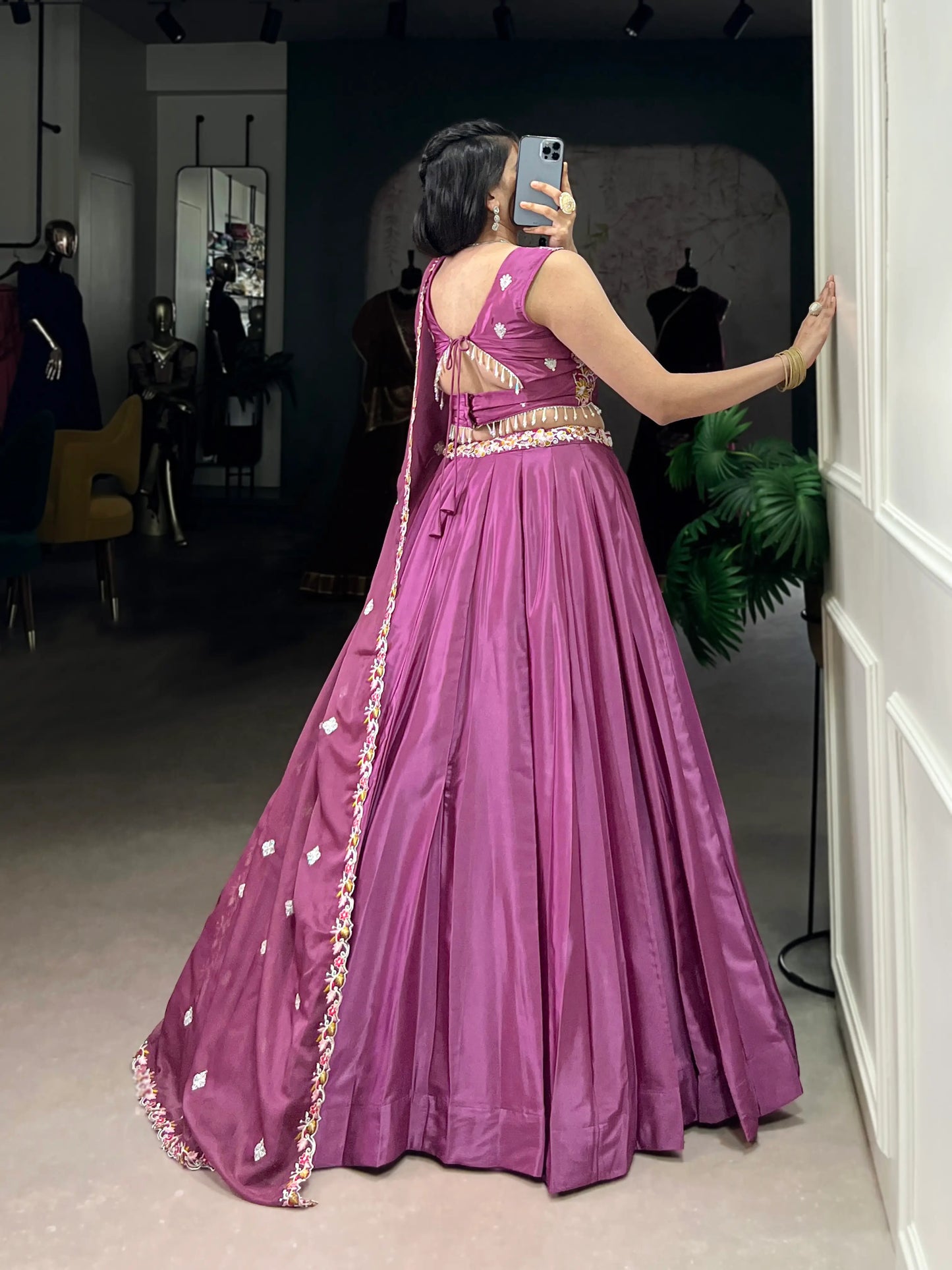 Magenta Pink Crepe Silk Embroidery Work Lehenga Choli
