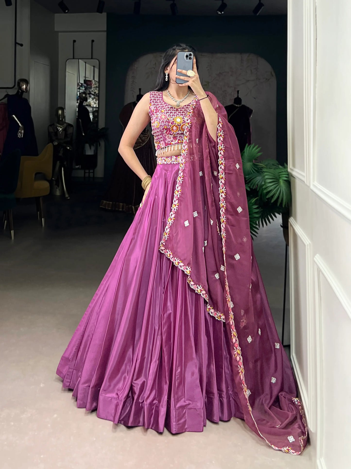 Magenta Pink Crepe Silk Embroidery Work Lehenga Choli