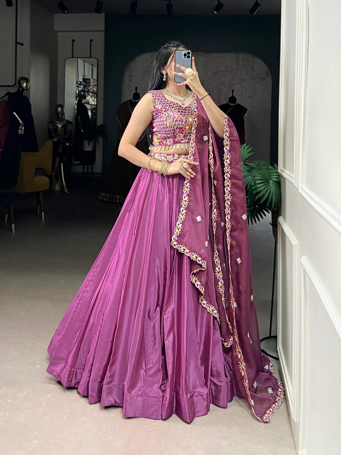 Magenta Pink Crepe Silk Embroidery Work Lehenga Choli