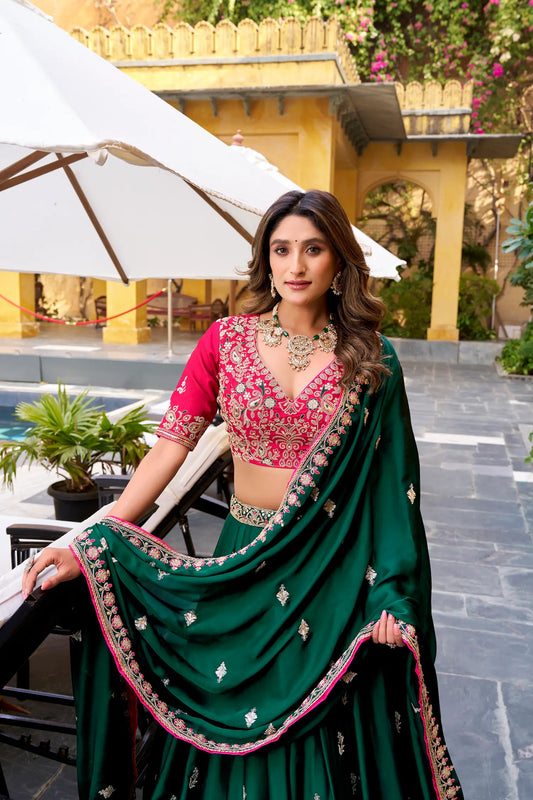 Timber Green Satin Silk Embroidered Lehenga choli