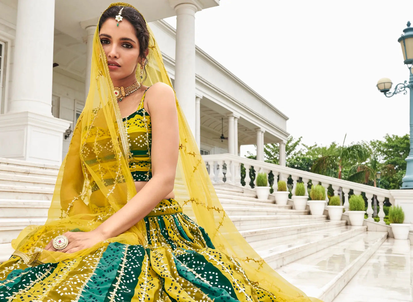 Yellow-Multicolor Georgette Lehenga Choli With Digital Print & Embroidery Work