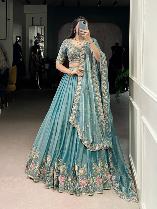 Sea Blue Zari Shimmer Embroidery Work Lehenga Choli