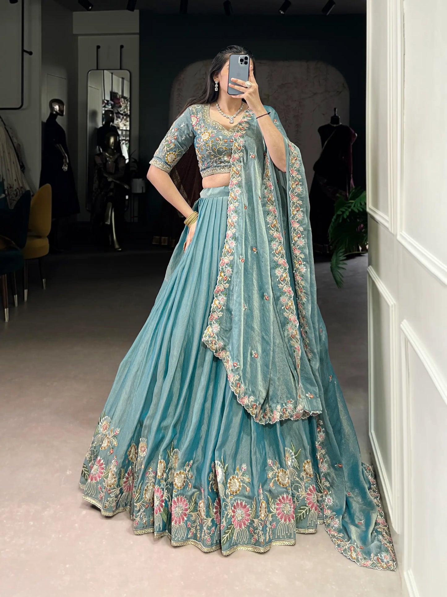 Sea Blue Zari Shimmer Embroidery Work Lehenga Choli