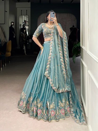 Sea Blue Zari Shimmer Embroidery Work Lehenga Choli