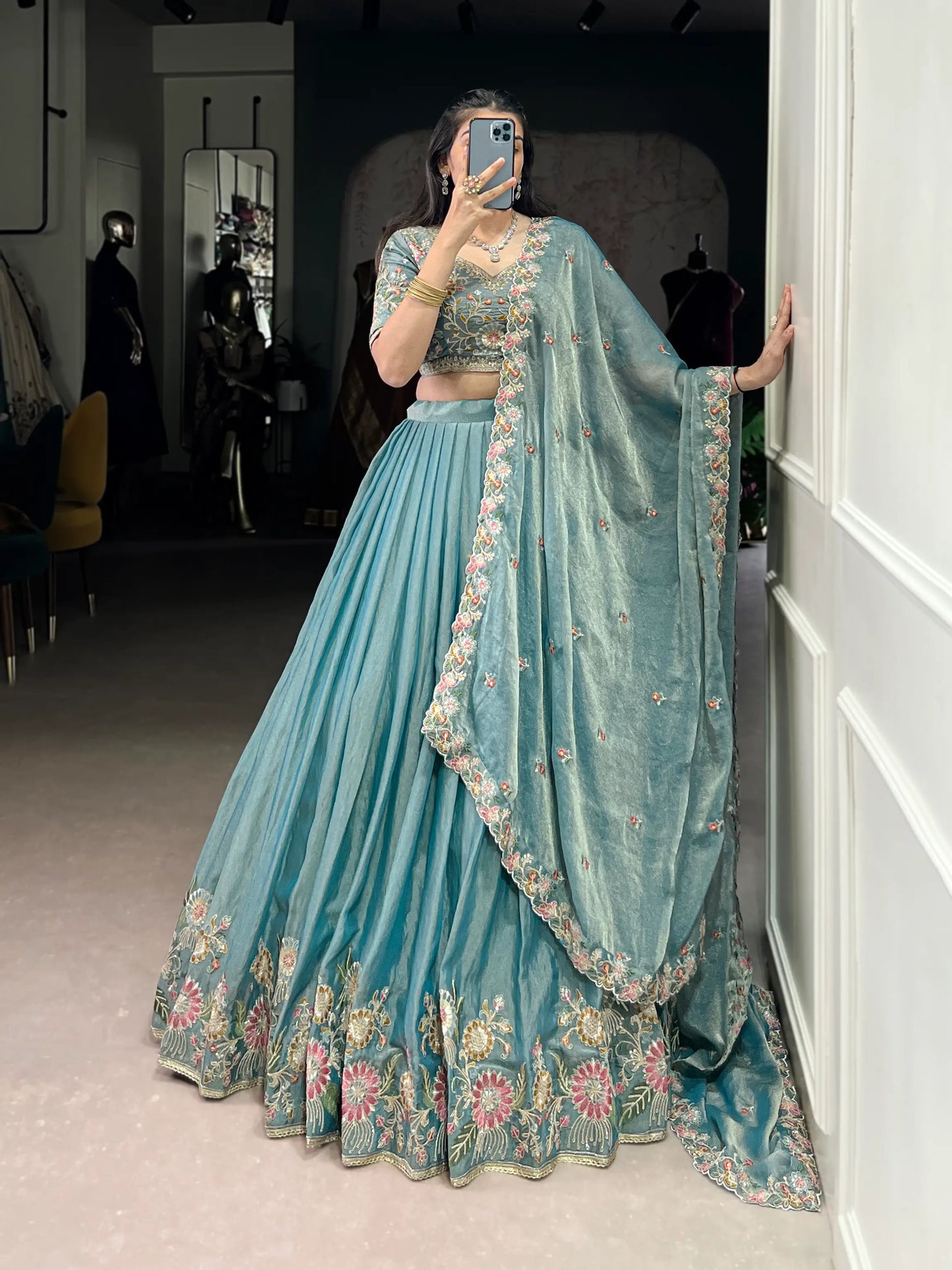 Sea Blue Zari Shimmer Embroidery Work Lehenga Choli
