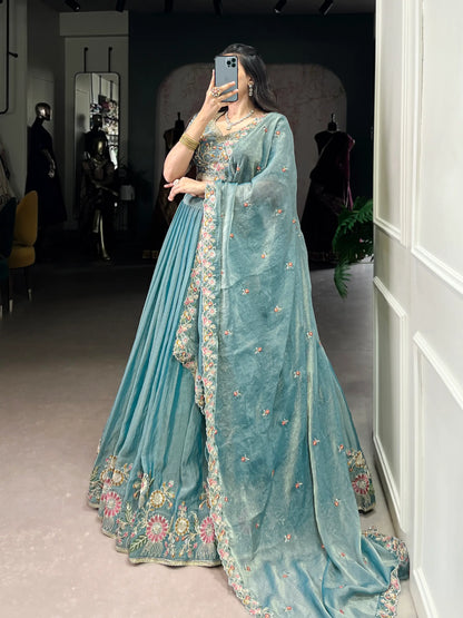 Sea Blue Zari Shimmer Embroidery Work Lehenga Choli