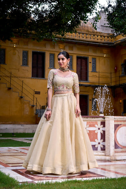 Beige Thread & Sequins Embroidery Silk Lehenga Choli