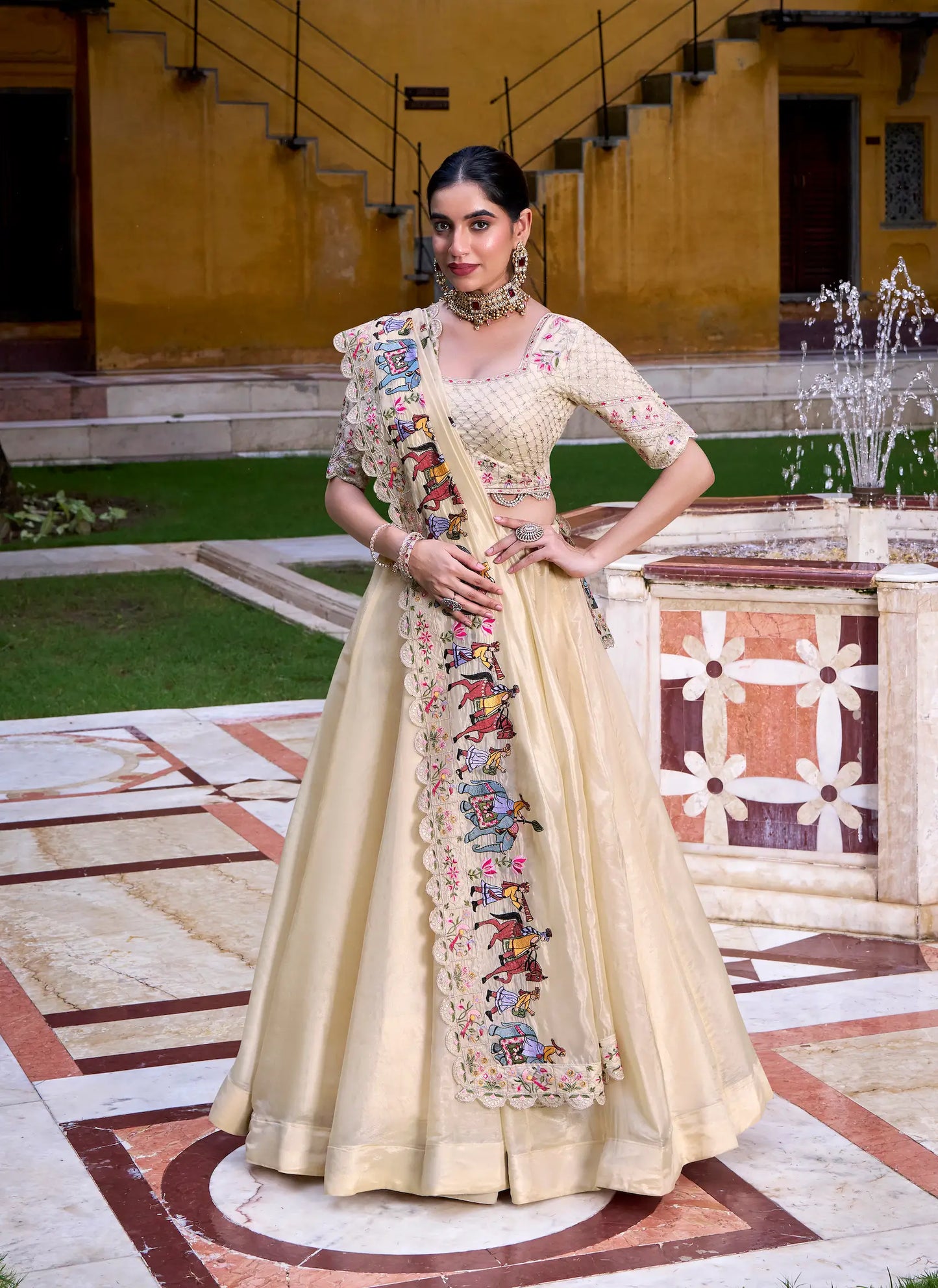 Beige Thread & Sequins Embroidery Silk Lehenga Choli