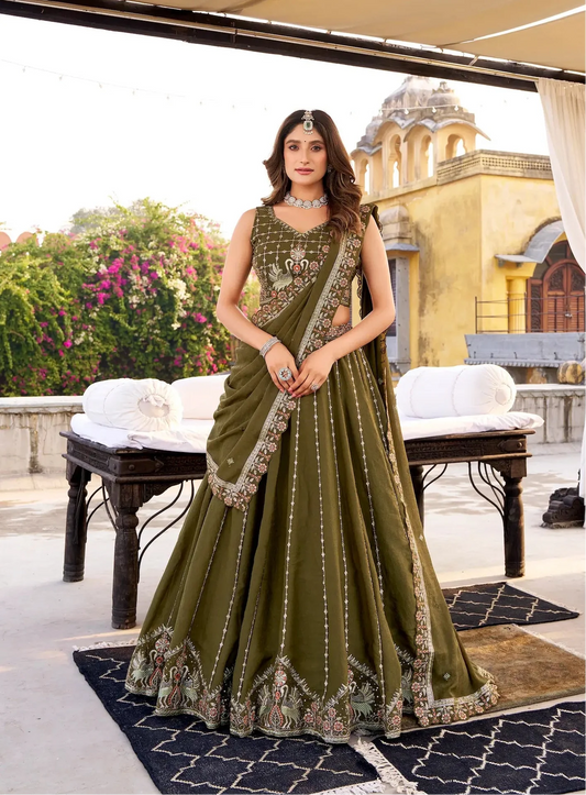 Dark Olive Chocolate Crush Embroidery Lehenga Choli