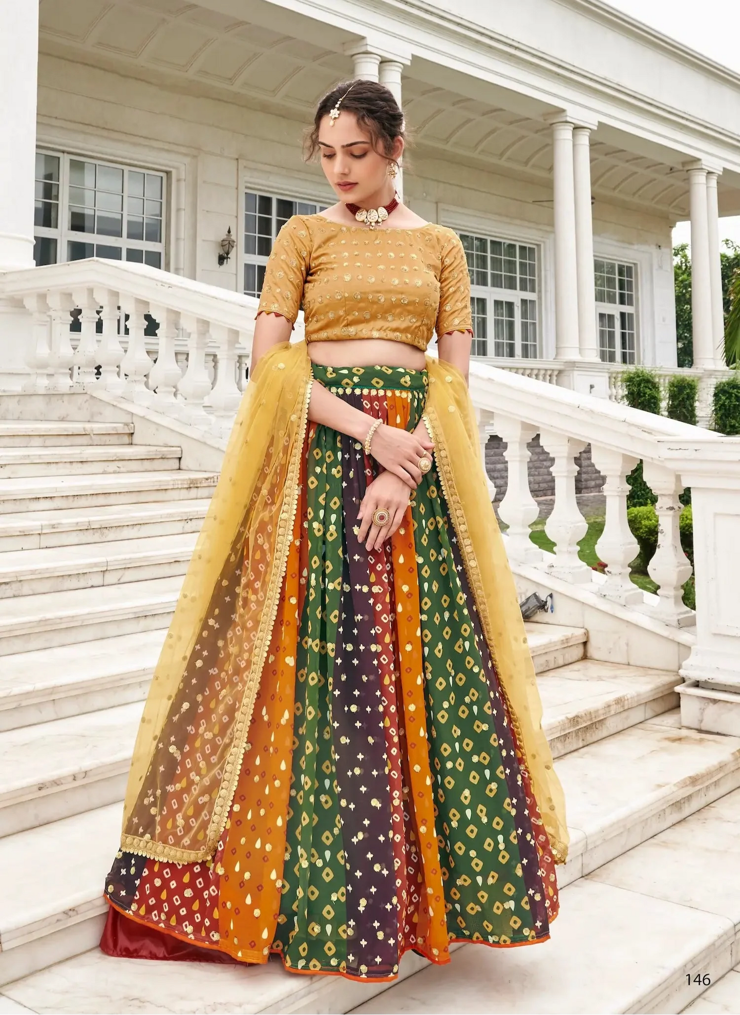 Beige-Multicolor Georgette Lehenga Choli With Digital Print & Embroidery Work