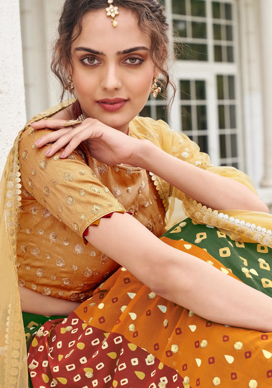 Beige-Multicolor Georgette Lehenga Choli With Digital Print & Embroidery Work