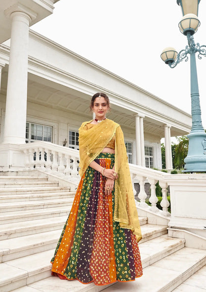 Beige-Multicolor Georgette Lehenga Choli With Digital Print & Embroidery Work