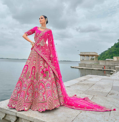 Pink Bridal Lehenga With Khatli, Heavy Embroidery & 2 Dupatta
